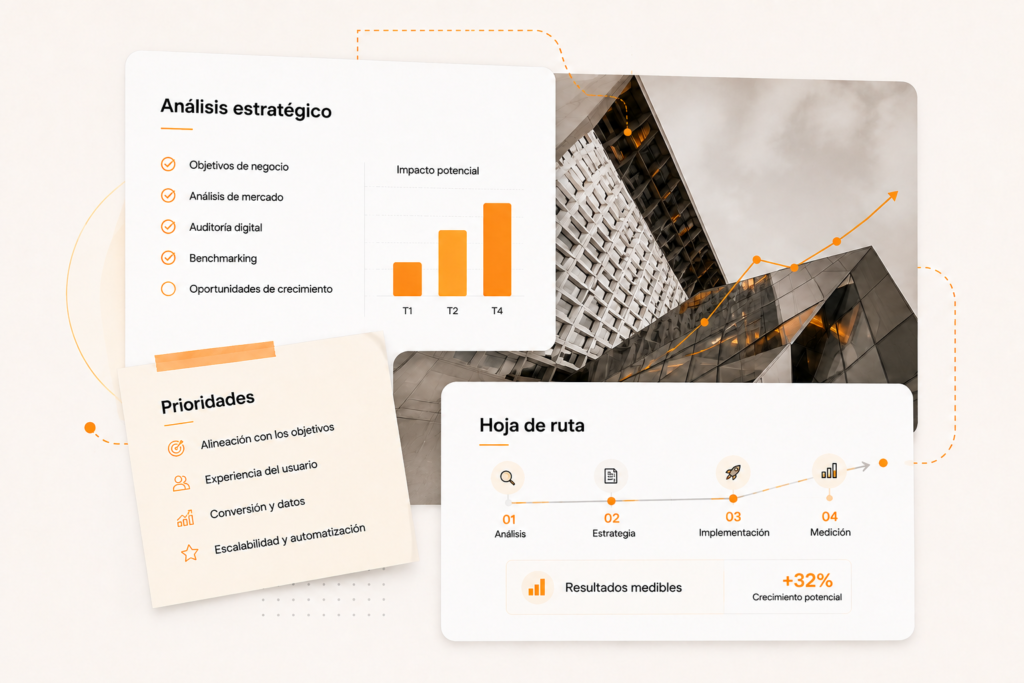 Análisis estratégico digital con objetivos de negocio, prioridades y hoja de ruta