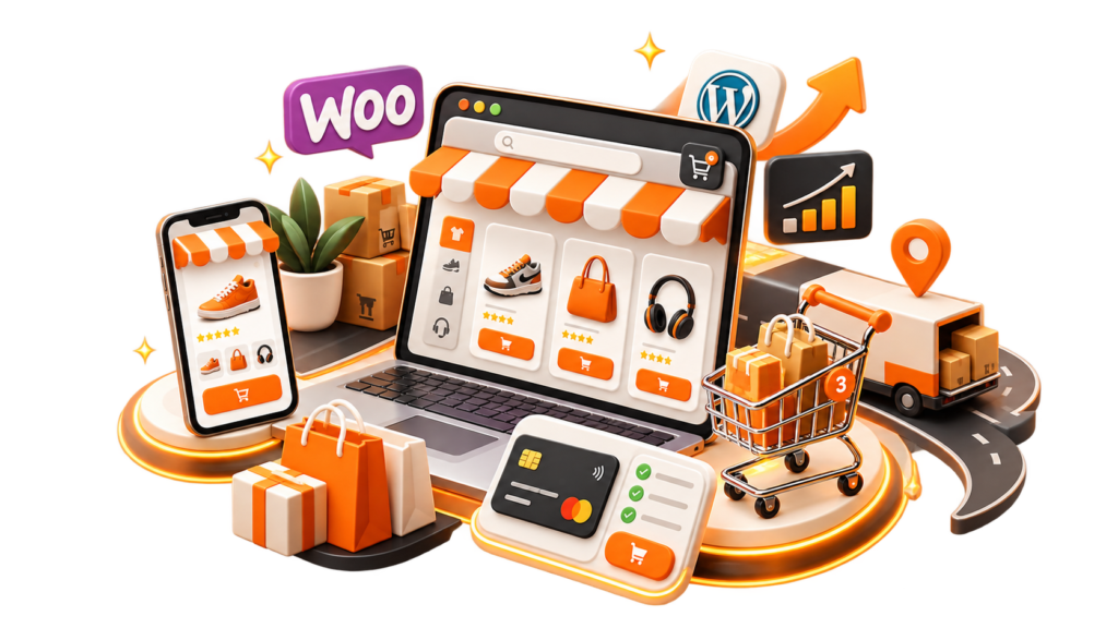 Interfaz de una tienda online WooCommerce con catálogo de productos, carrito y gestión de pedidos