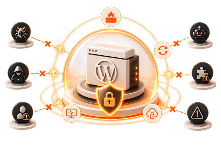 Ilustración de un sitio WordPress protegido por un firewall frente a malware, bots y accesos no autorizados