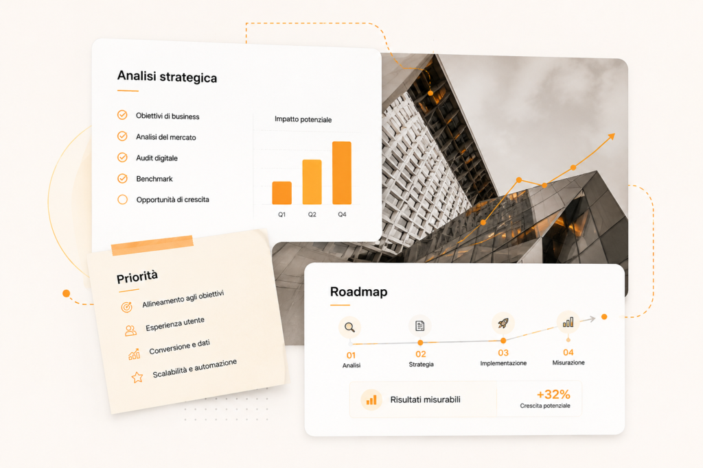 Analisi strategica digitale con obiettivi di business, priorità e roadmap