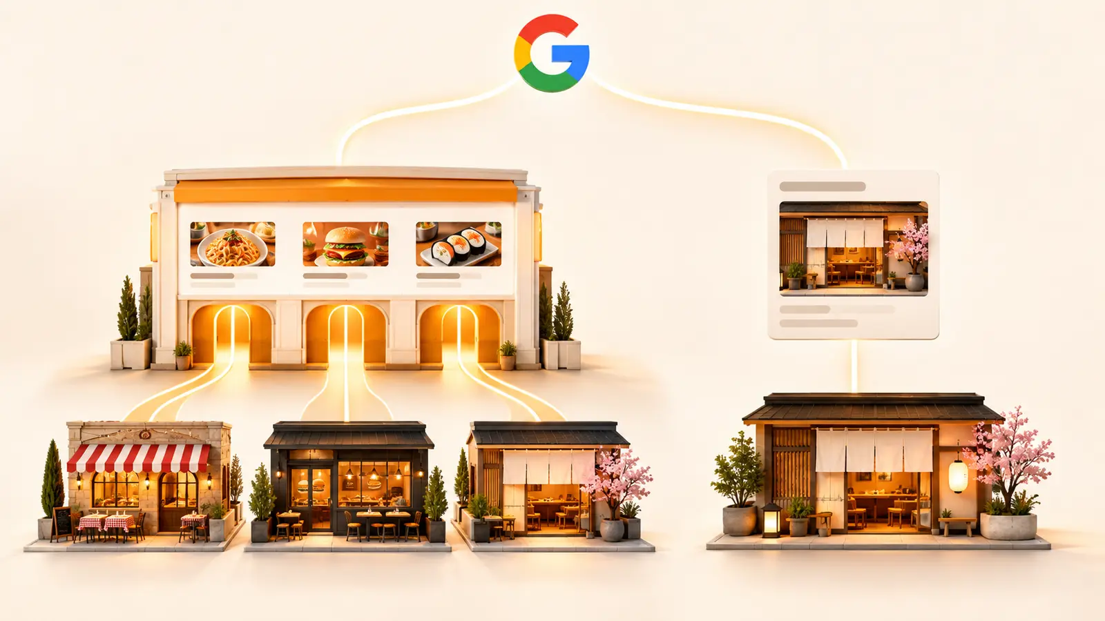Un portal reúne tres restaurantes distintos, mientras que la web de un único restaurante conduce directamente al negocio correspondiente.