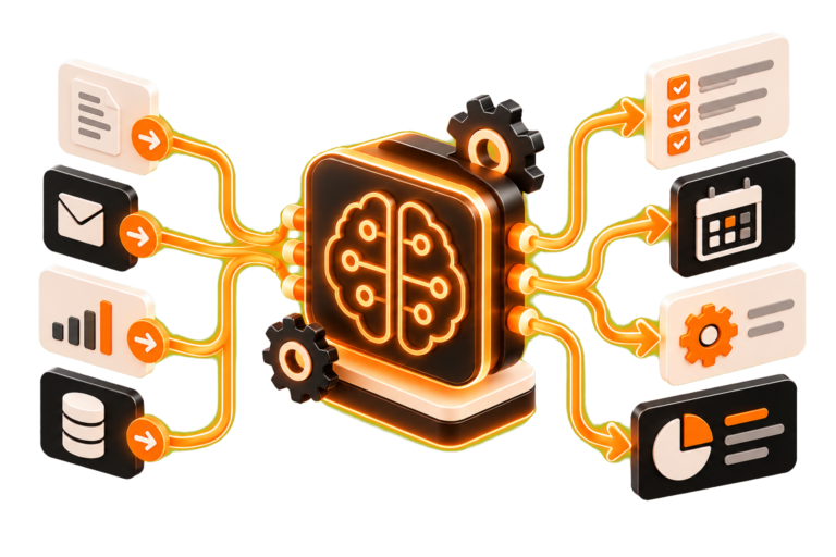 Ilustración 3D de un sistema de inteligencia artificial conectado a flujos y procesos automatizados