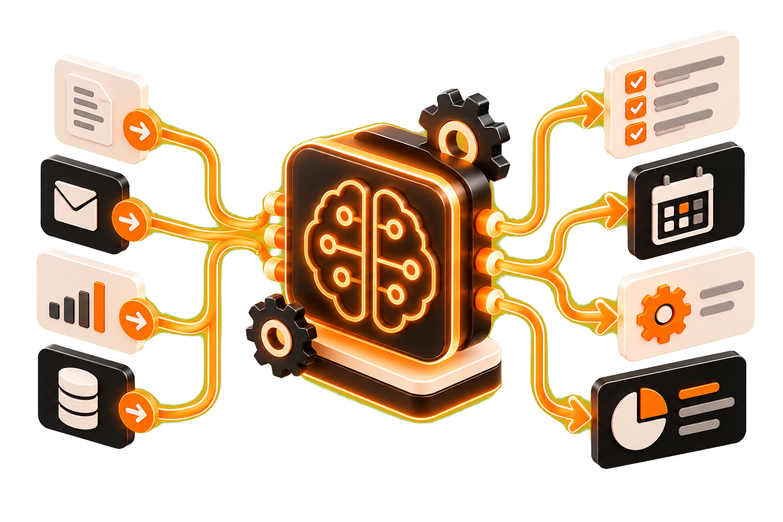 Ilustración 3D de un sistema de inteligencia artificial conectado a flujos y procesos automatizados