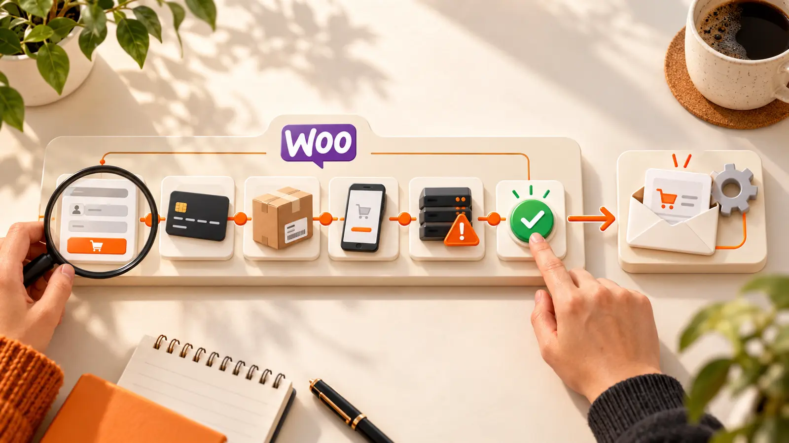 Dos manos revisan checkout, pago, envío, móvil y errores de WooCommerce antes de activar la recuperación del carrito.