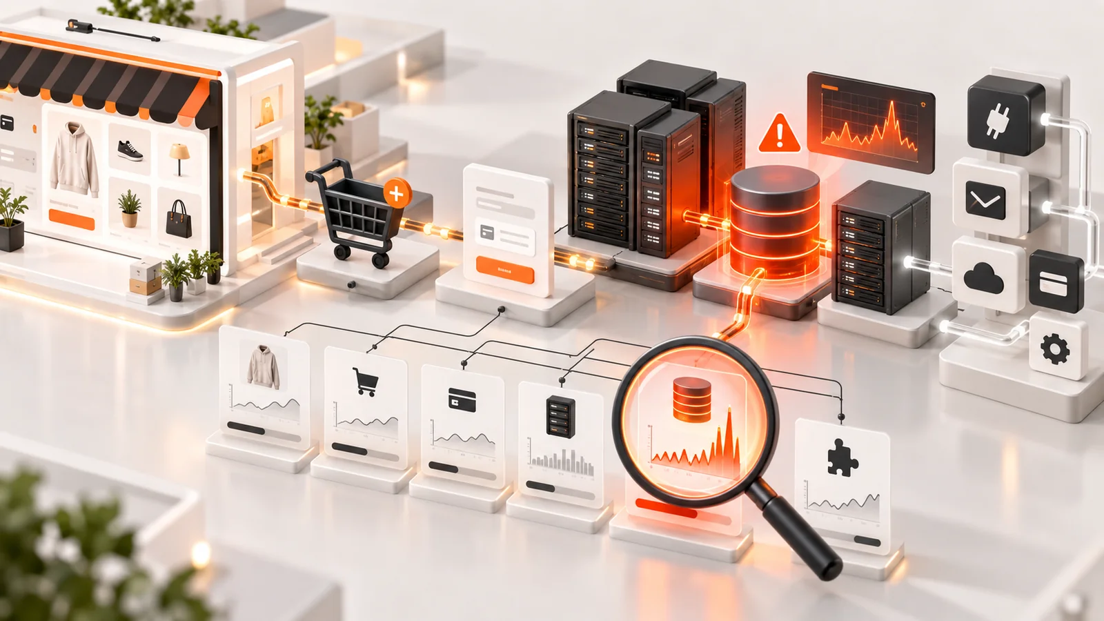Tienda online conectada a servidores y una base de datos, con un pico de actividad detectado durante el análisis del rendimiento.