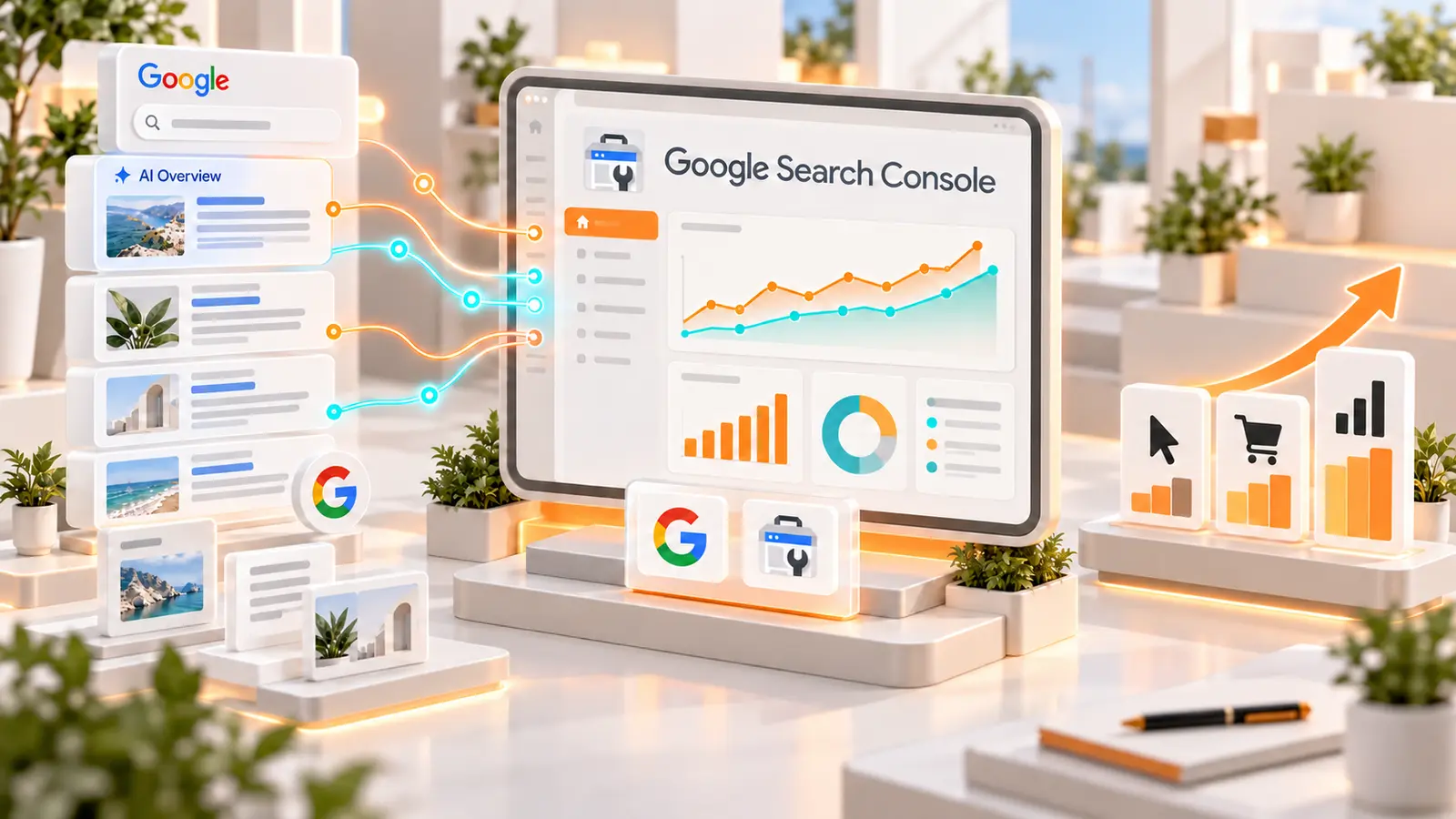 Escena de Google Search Console que relaciona páginas web y resultados con señales de visibilidad en funciones de IA.