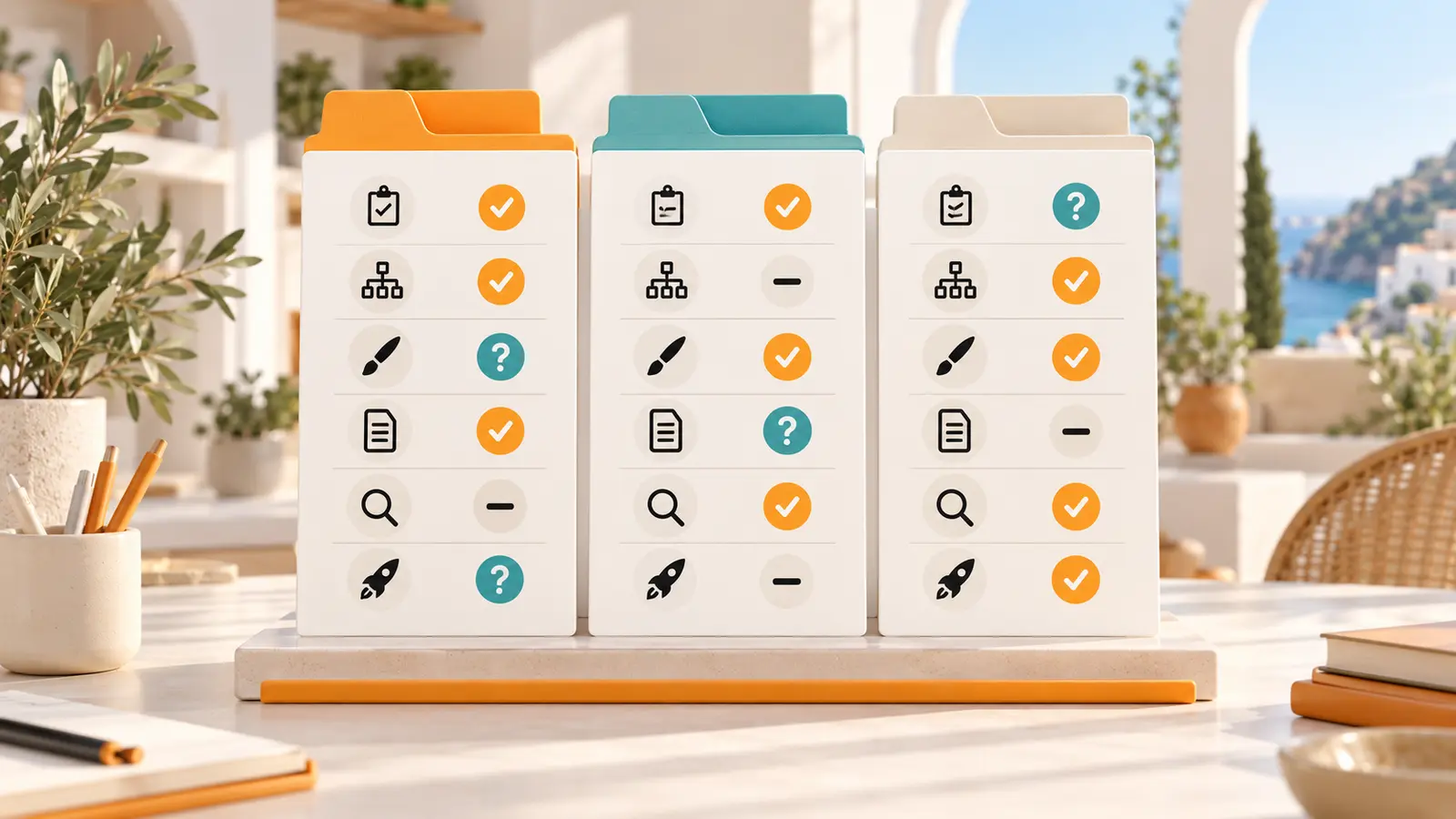 Tres presupuestos para una página web comparados según las mismas tareas, indicadas como incluidas, excluidas o pendientes de aclarar.