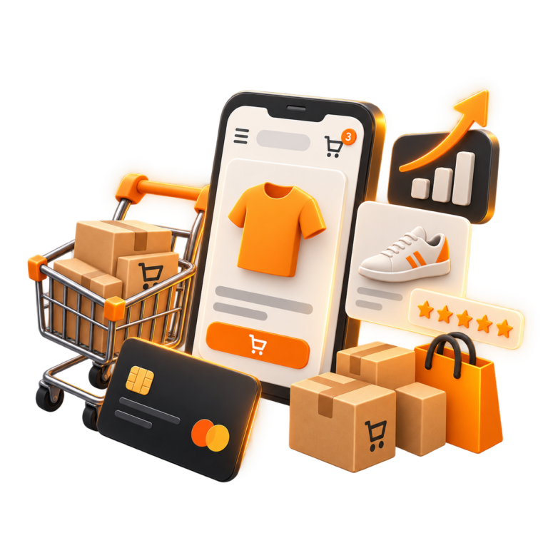 Ilustración 3D de un e-commerce con productos, carrito, pagos y pedidos online