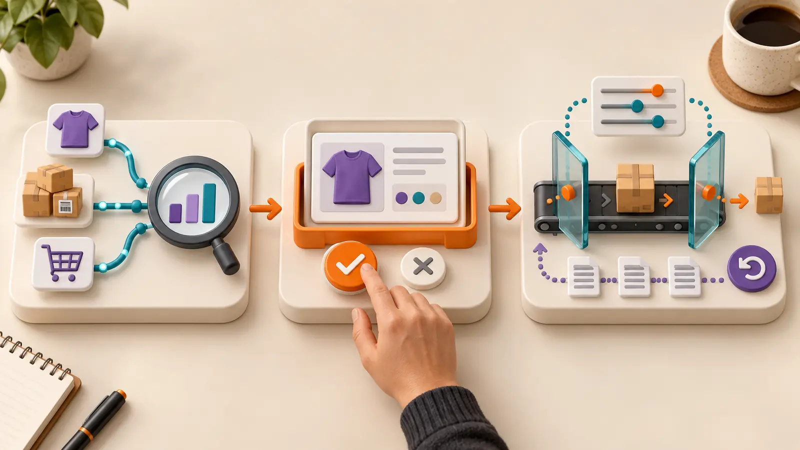 Tres pasos muestran la IA analizando datos del ecommerce, preparando un cambio para su aprobación y actuando con permisos, registro y restauración.