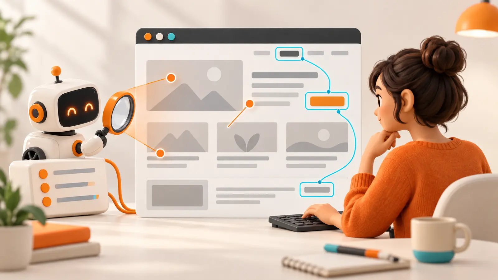 Un plugin señala algunos problemas de accesibilidad mientras una persona comprueba con el teclado el uso real de la web.