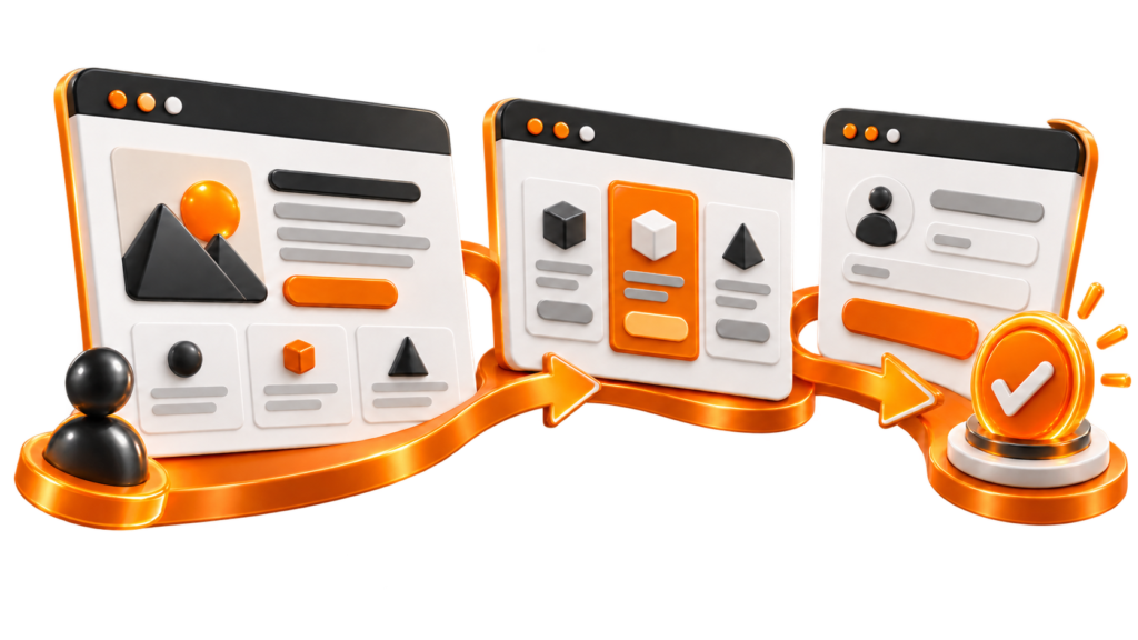 Illustrazione 3D di una landing page professionale con percorso di conversione