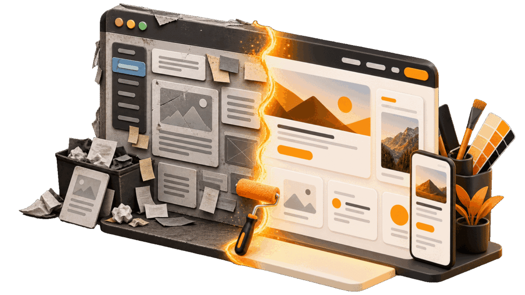 Ilustración del rediseño de una web WordPress, de una versión anticuada a otra moderna