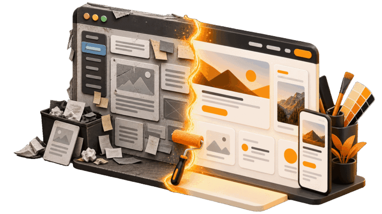Ilustración del rediseño de una web WordPress, de una versión anticuada a otra moderna