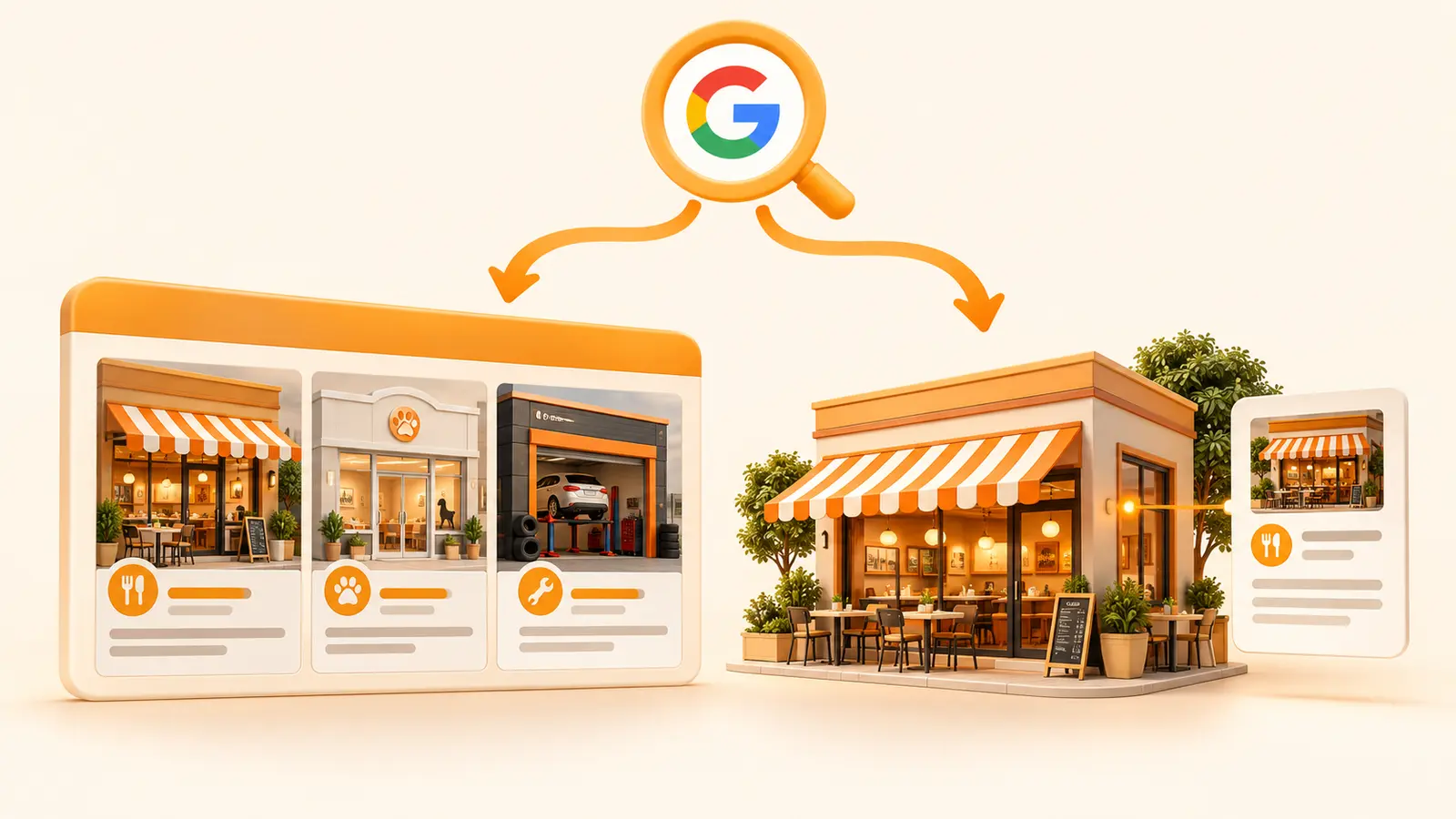 Una búsqueda en Google conduce por un lado a un portal con varios negocios locales y por otro directamente a un único negocio.