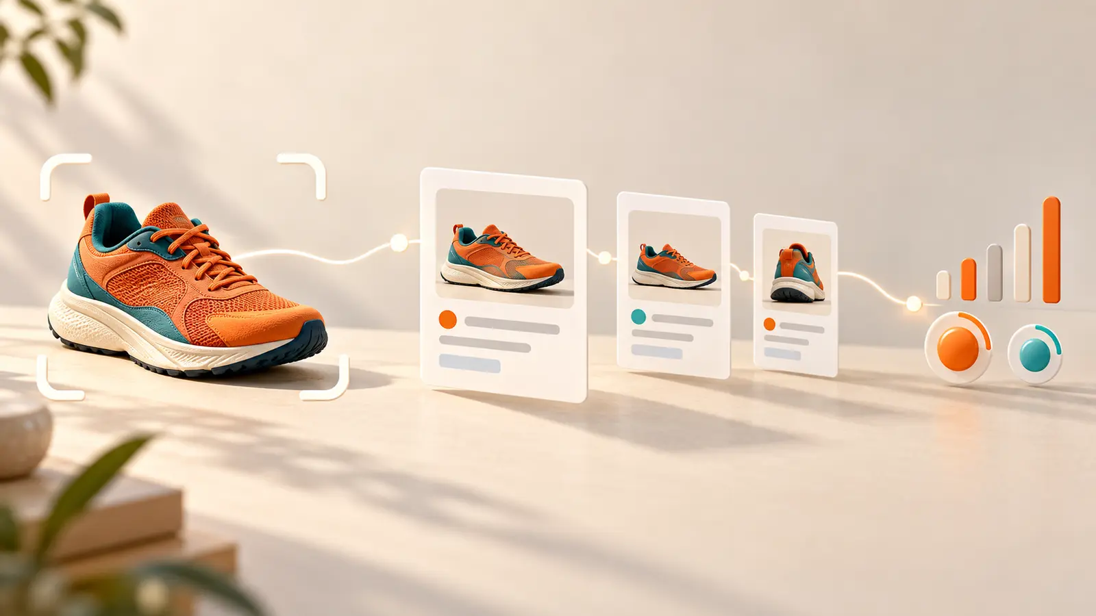 Una zapatilla utilizada como búsqueda visual conduce a páginas relacionadas y a señales medibles de impresiones y clics.