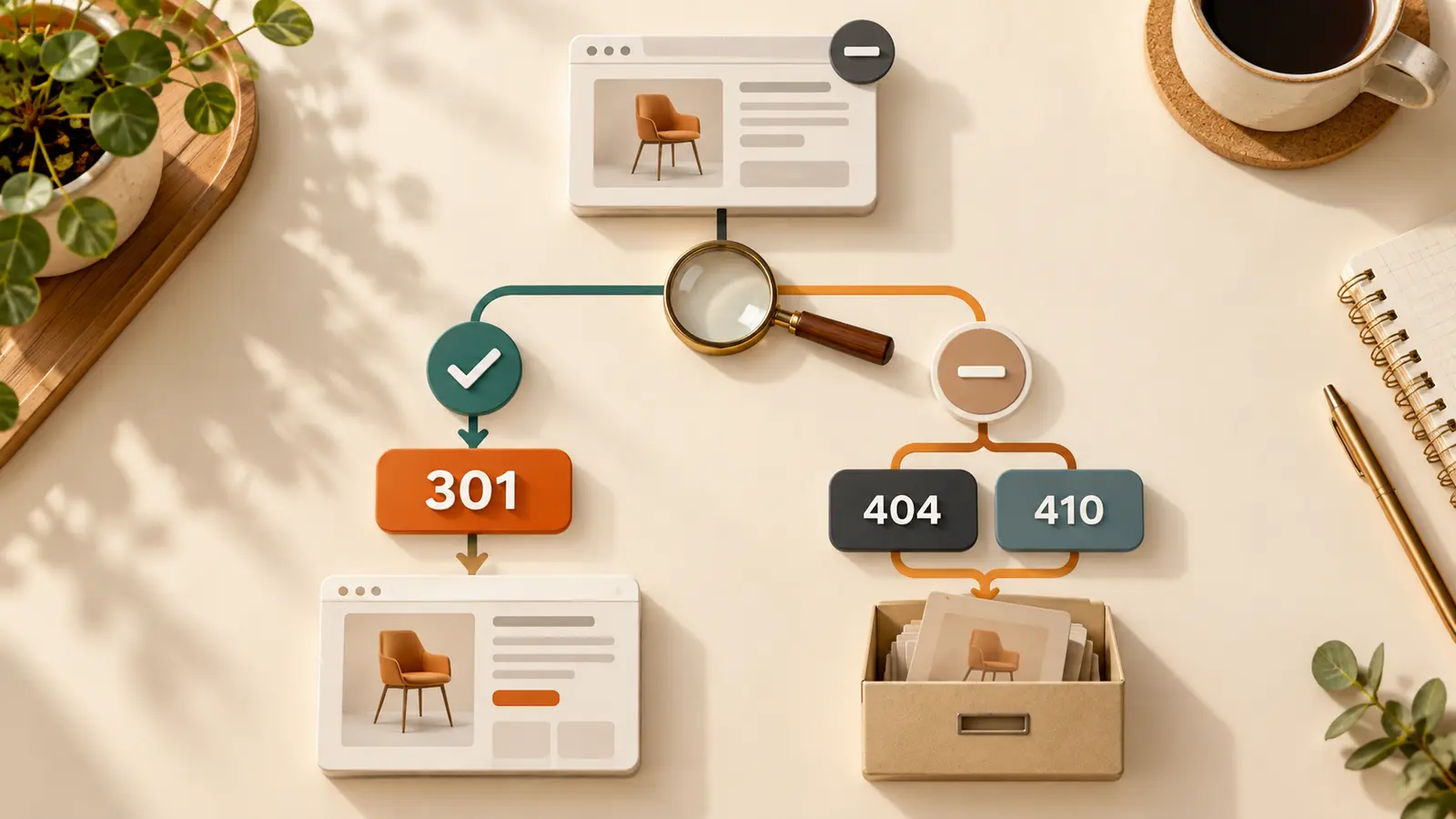 Un albero decisionale collega una pagina eliminata al 301 quando esiste un sostituto e al 404 o 410 quando la risorsa è rimossa
