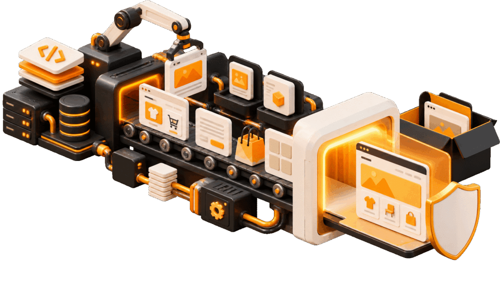 Illustrazione 3D della produzione white label di siti WordPress e WooCommerce per agenzie