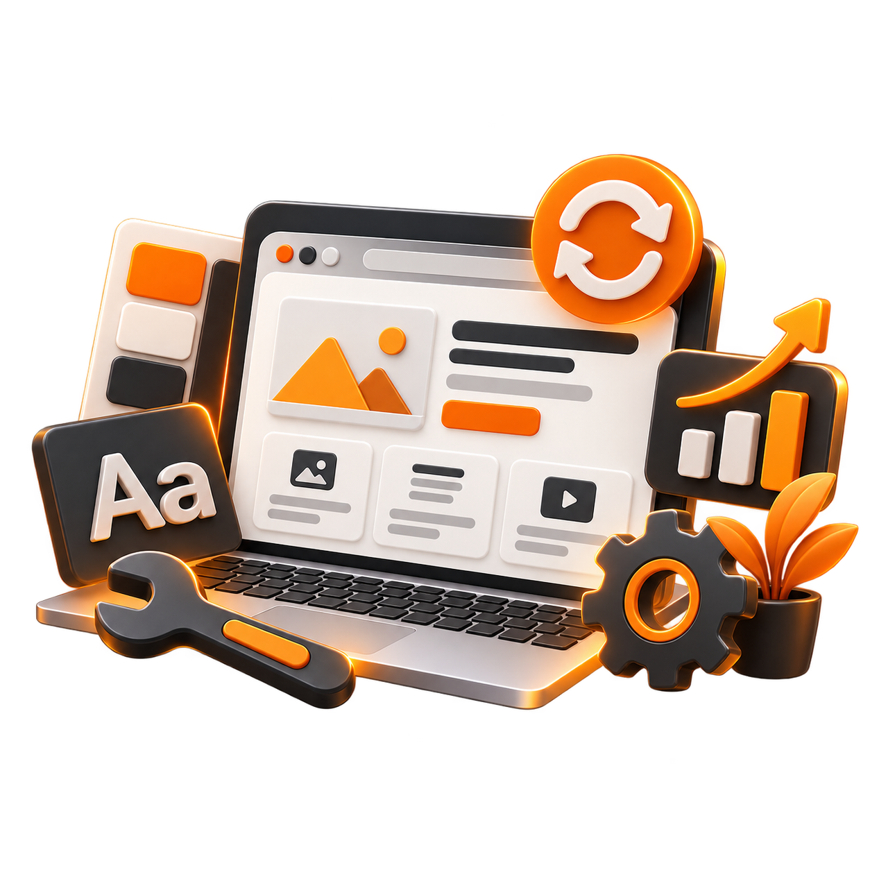 Ilustración 3D de un sitio web en proceso de rediseño y mejora