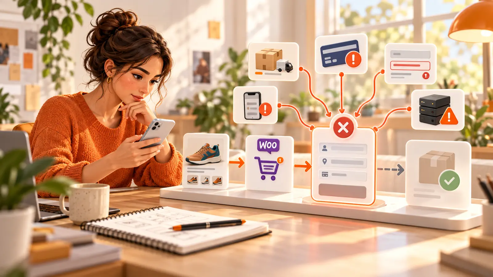 Una responsable de ecommerce revisa desde el móvil dónde se interrumpe una compra en WooCommerce y qué obstáculos pueden bloquear el checkout.