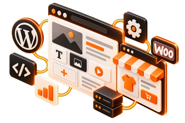 Ilustración 3D dedicada al desarrollo y la gestión de sitios WordPress y tiendas WooCommerce