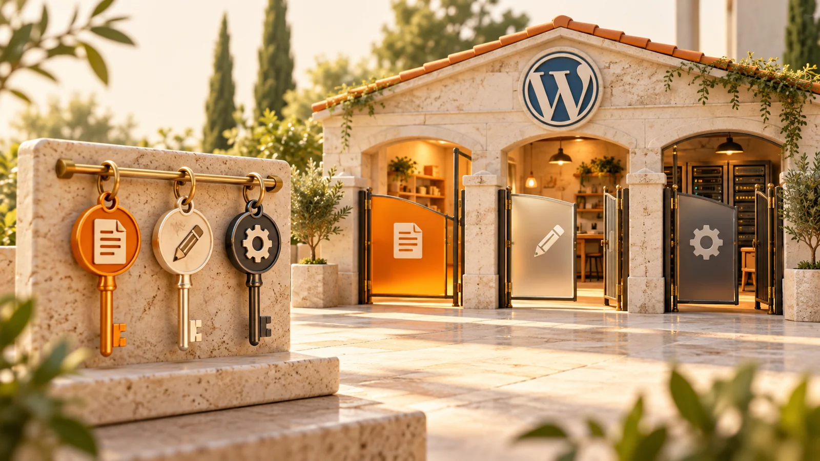 Tre chiavi personali e tre ingressi rappresentano permessi diversi per lavorare su un sito WordPress.