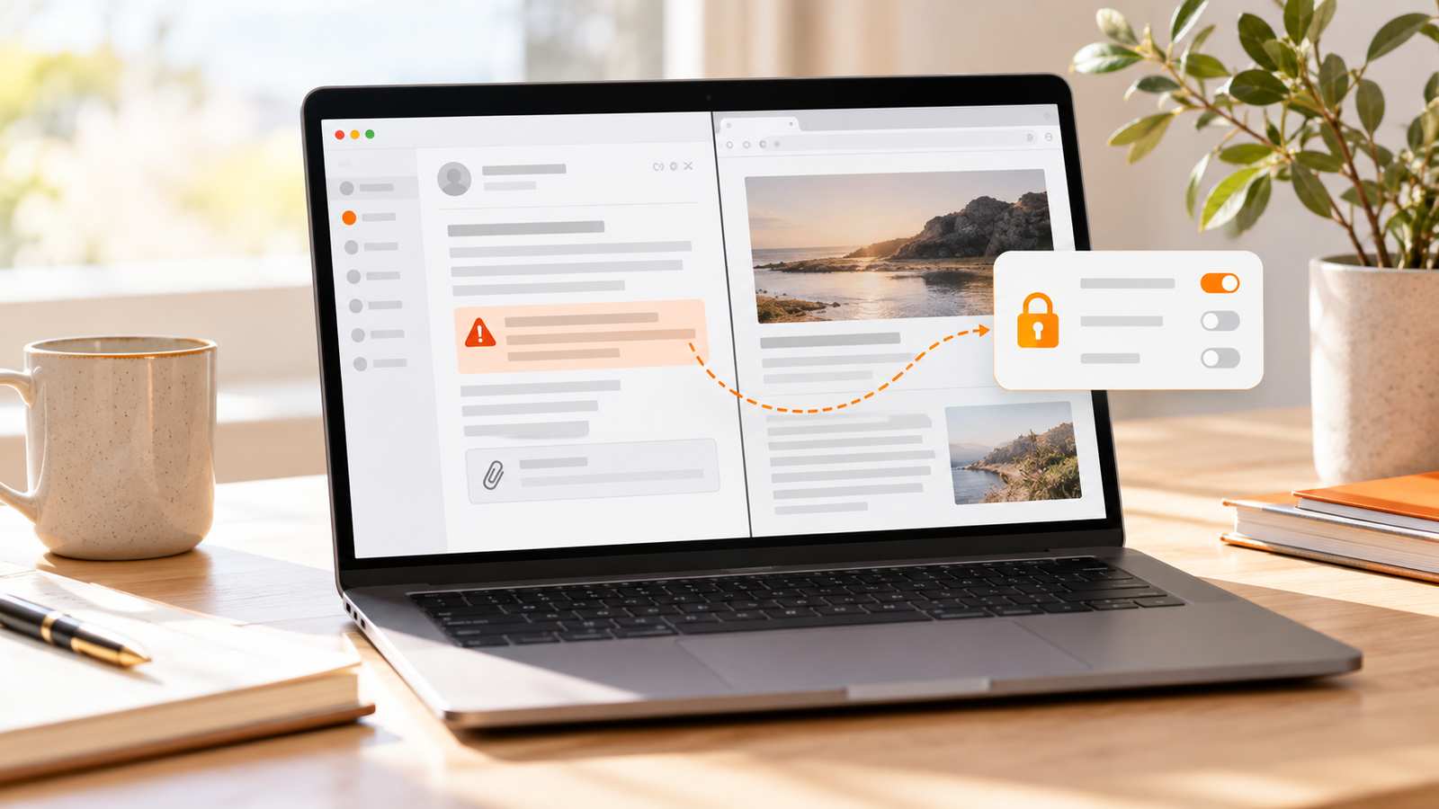 Portátil con un mensaje y una página web, junto a controles de acceso y lectura