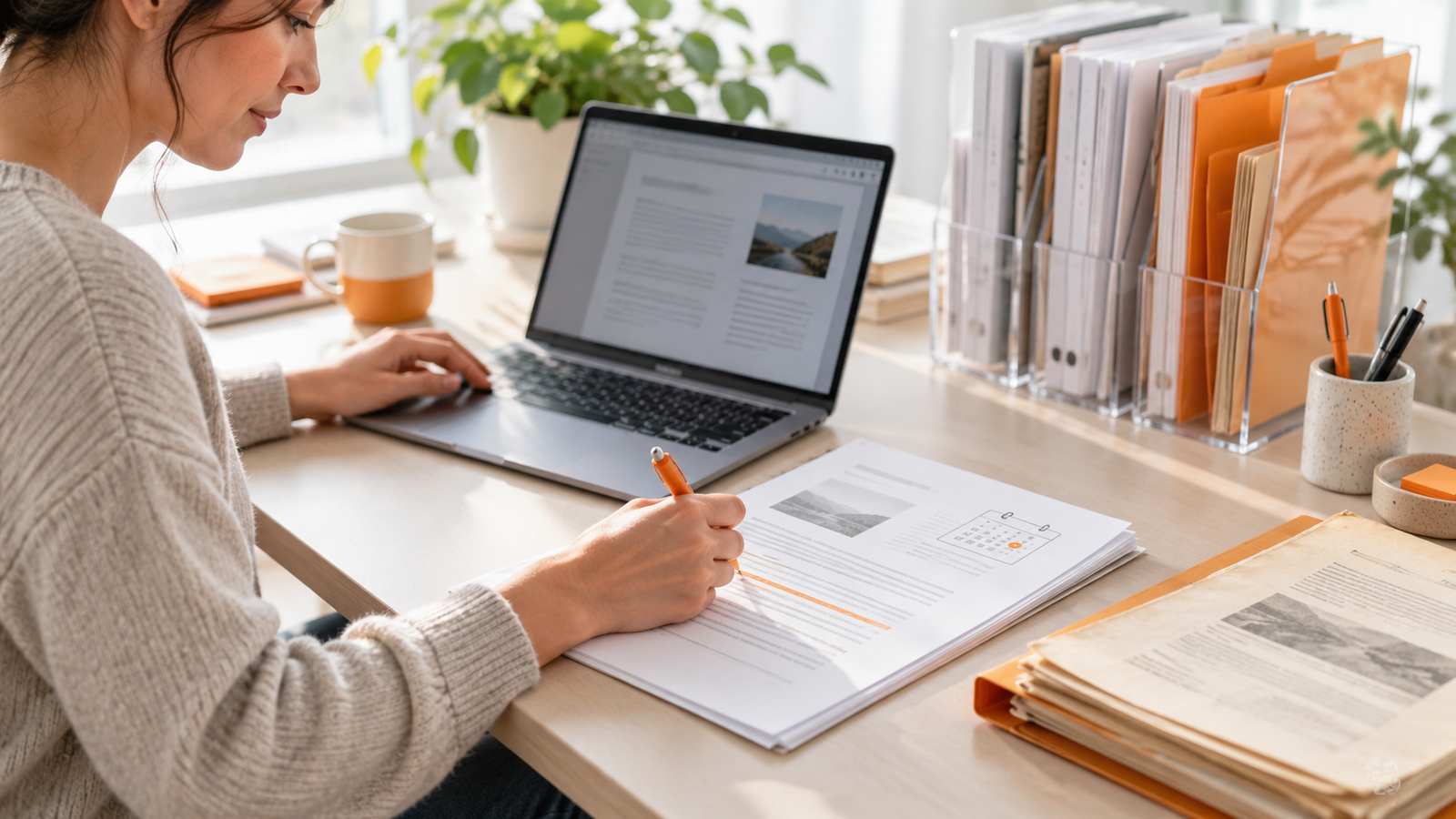 Una profesional actualiza y revisa documentos de empresa organizados para la IA