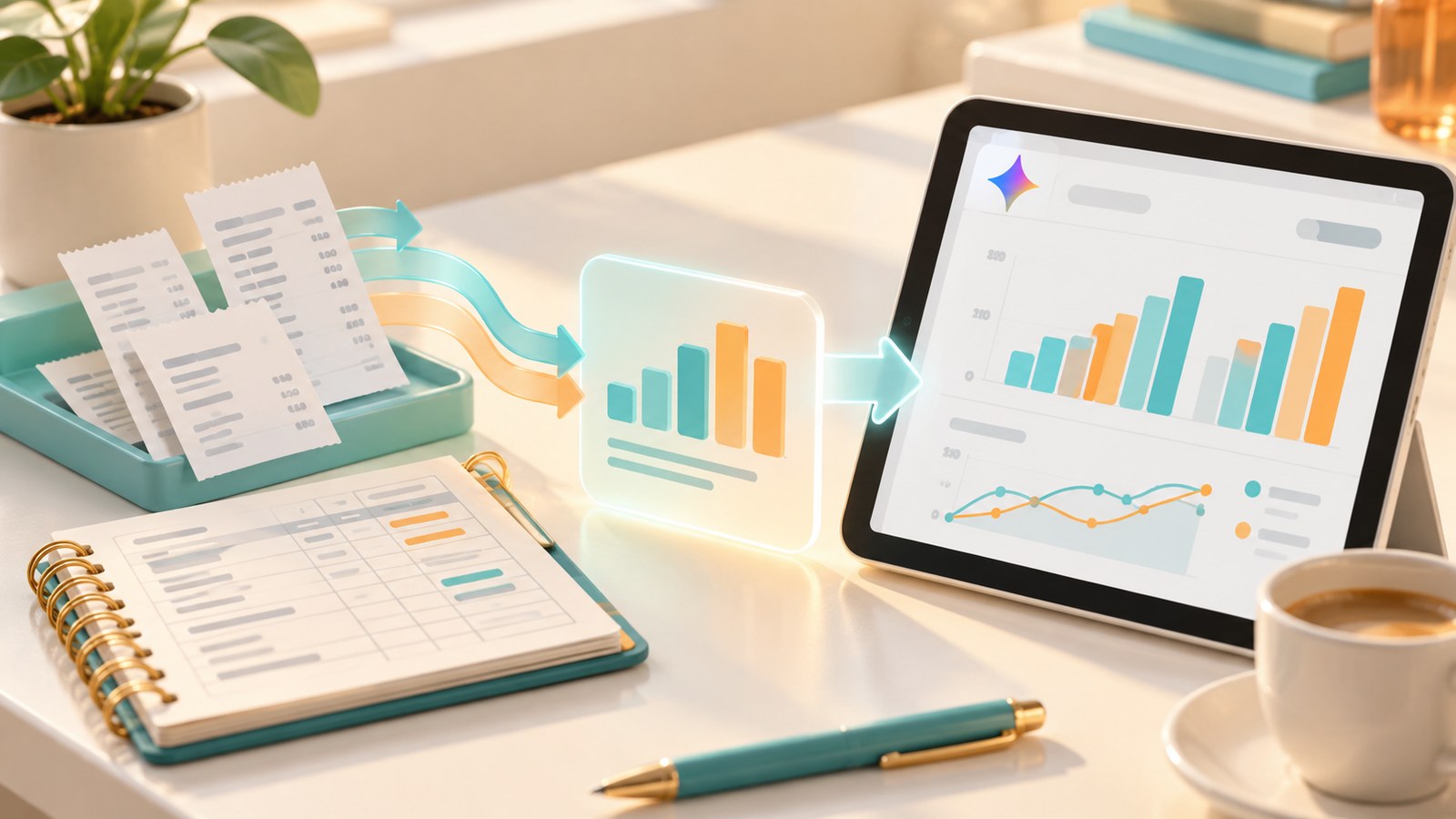 Illustrazione 3D di ricevute e registri trasformati in grafici finanziari consultabili su un tablet con Gemini.