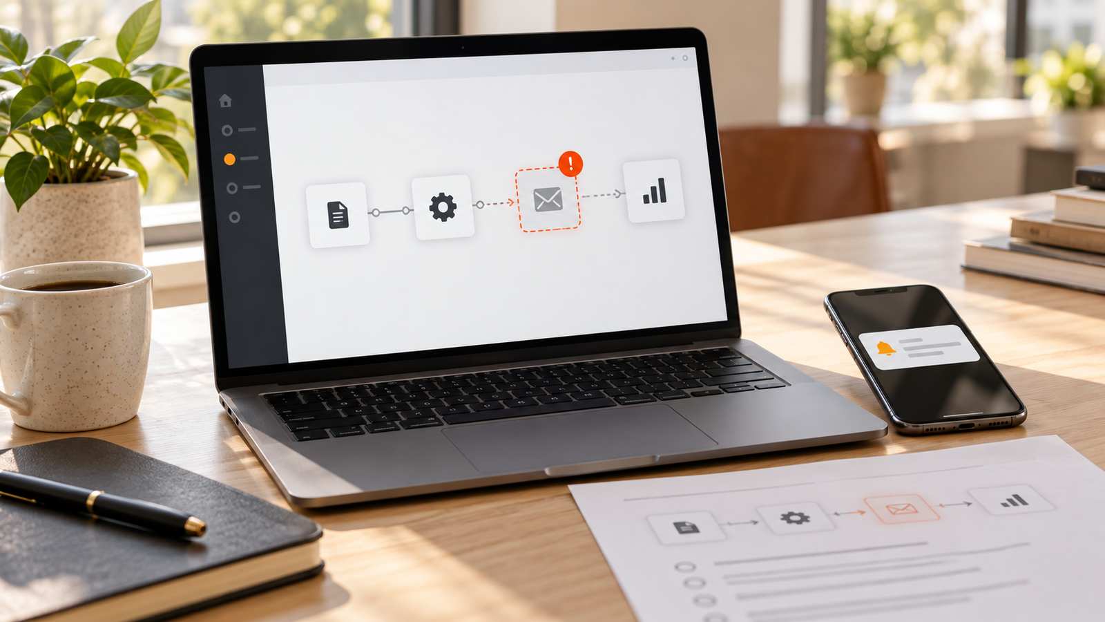 Laptop con un flusso automatizzato interrotto e un avviso di errore
