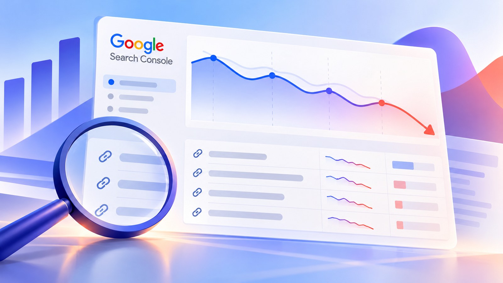 Gráfico de Search Console con clics e impresiones a la baja y páginas que revisar