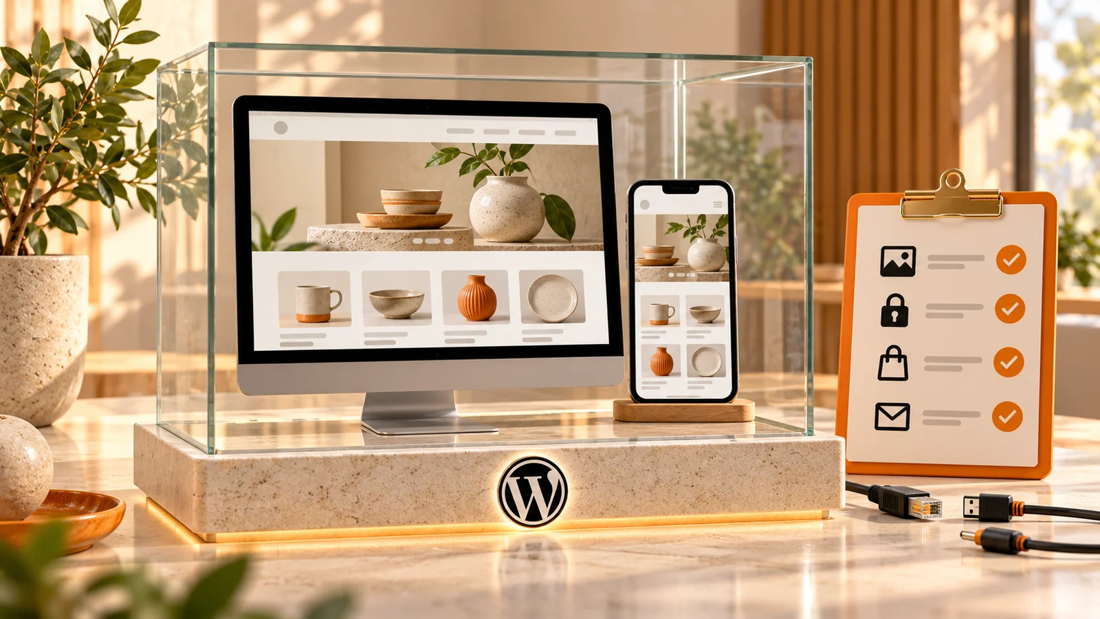 Web WordPress restaurada en ordenador y móvil dentro de un entorno aislado, con comprobaciones de imágenes, accesos, compras y formularios.