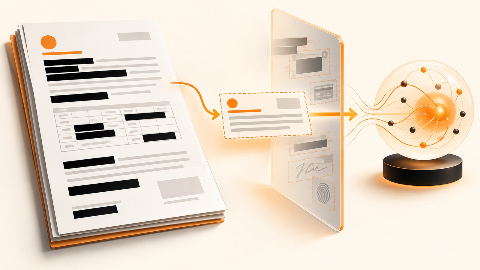 Documento de empresa con datos confidenciales ocultos y un extracto reducido listo para procesarse con inteligencia artificial