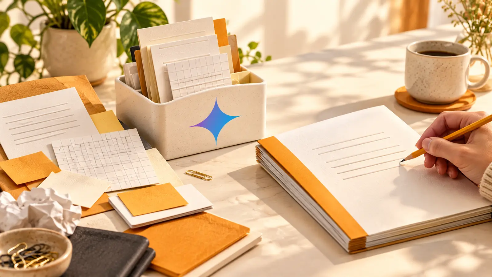 Documentos, notas y tareas se reúnen mediante Gemini en un informe que una persona revisa.