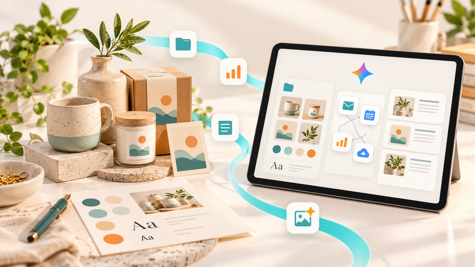 Illustrazione 3D di un piccolo brand e dei suoi strumenti digitali organizzati nell’hub Gemini su un tablet.