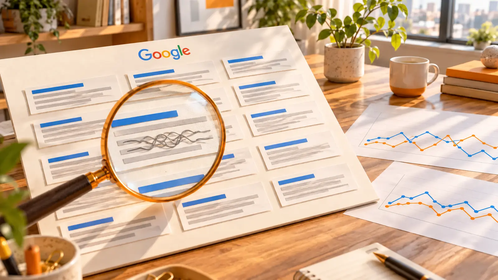Lente su risultati di ricerca simbolici di Google, con anomalie da esaminare e grafici per confrontare gli andamenti