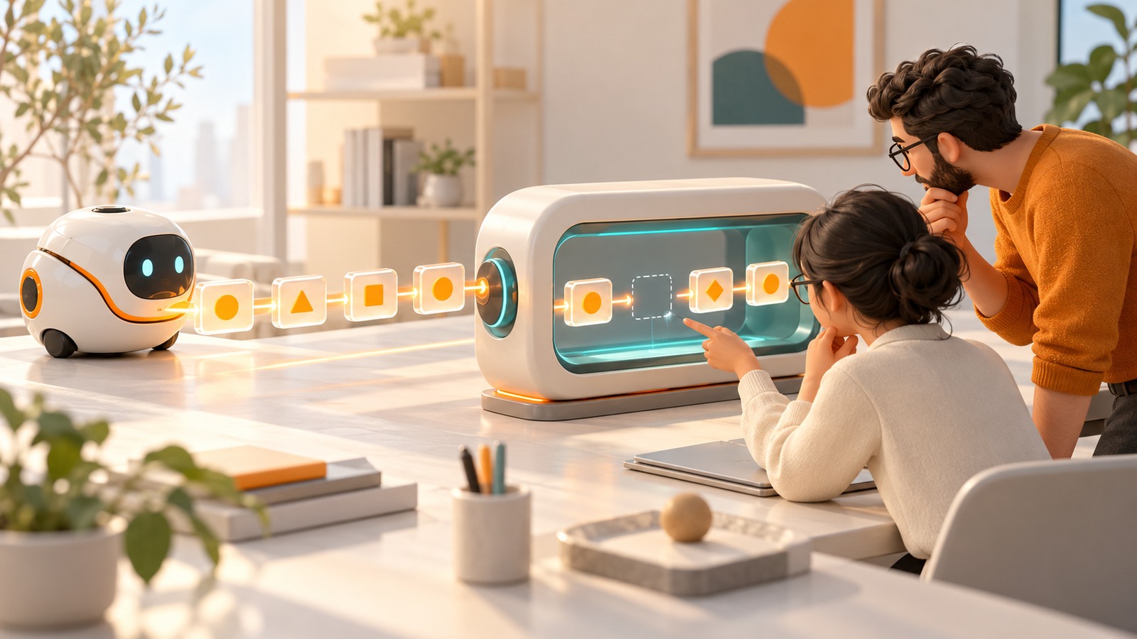 Un agente AI invia azioni a un sistema di monitoraggio mentre due persone verificano un punto cieco nei controlli.