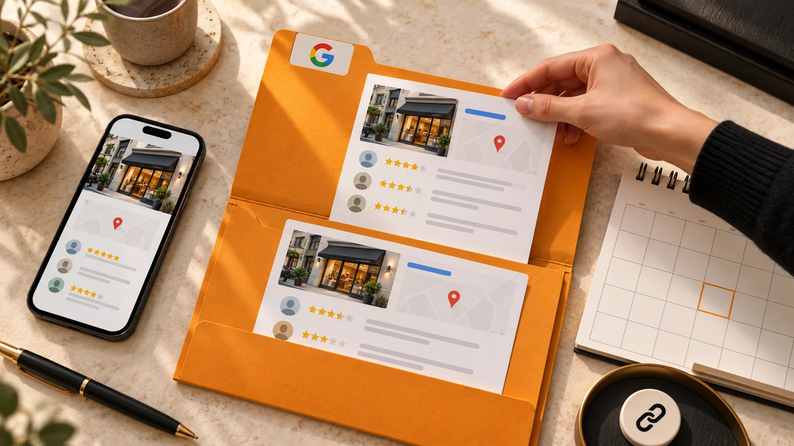 Cartella con rappresentazioni del profilo Google e delle recensioni, calendario e riferimento al link della scheda per documentare una segnalazione.