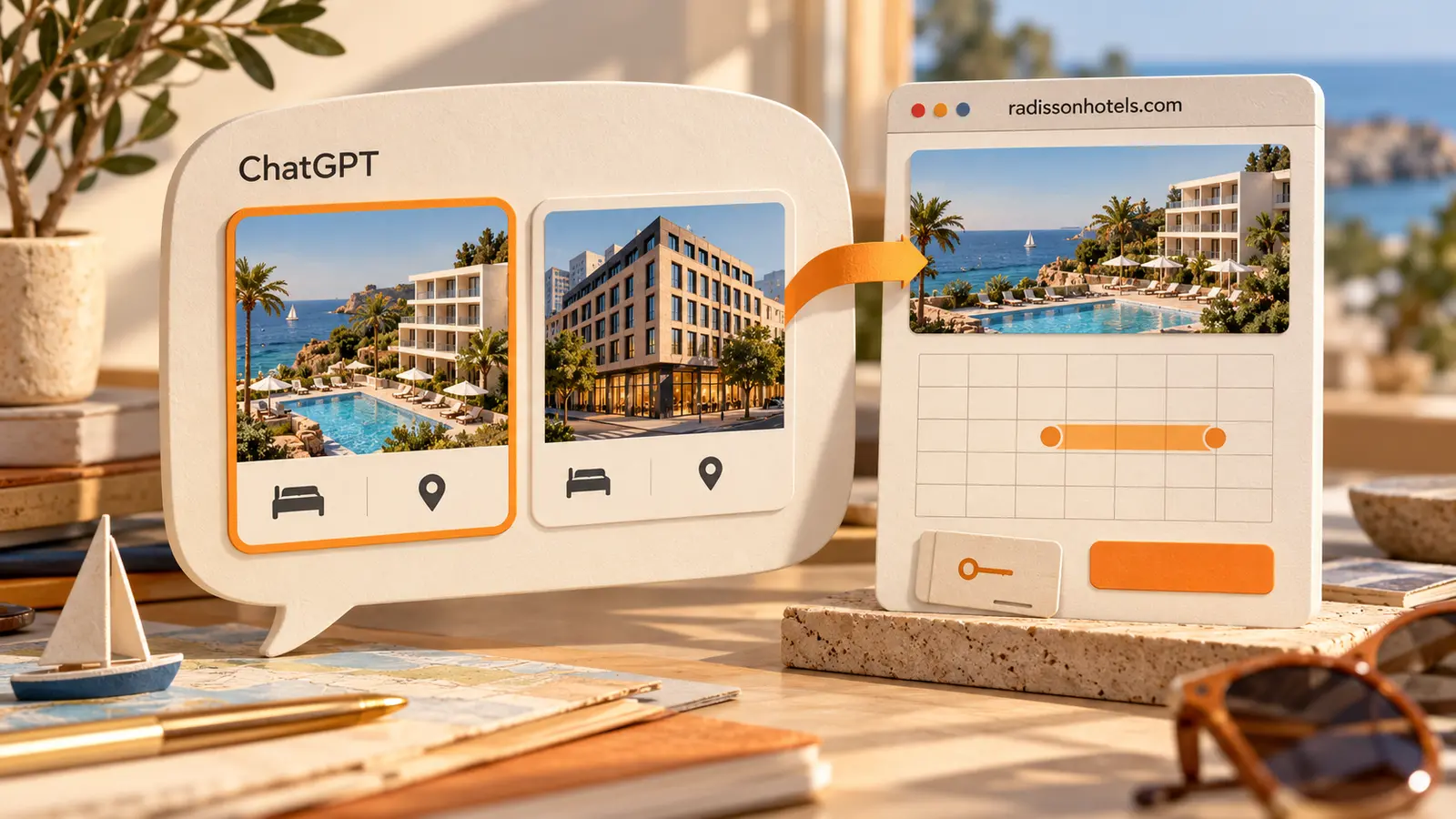Opciones de hotel comparadas en una conversación de ChatGPT y paso a una página independiente de Radisson para hacer la reserva.