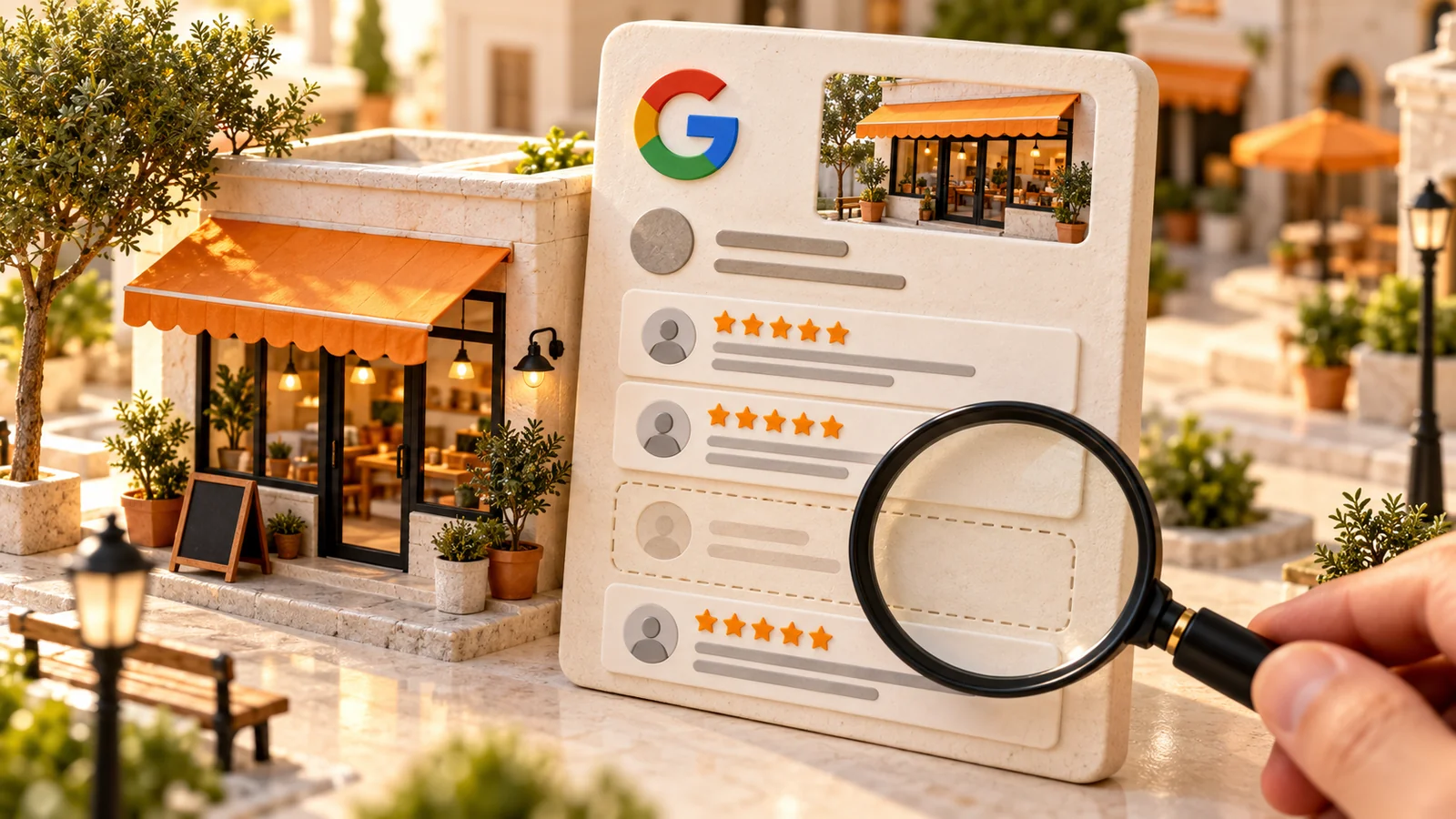 Lente su uno spazio vuoto fra le recensioni di un Profilo Google, accanto al modello di un negozio.
