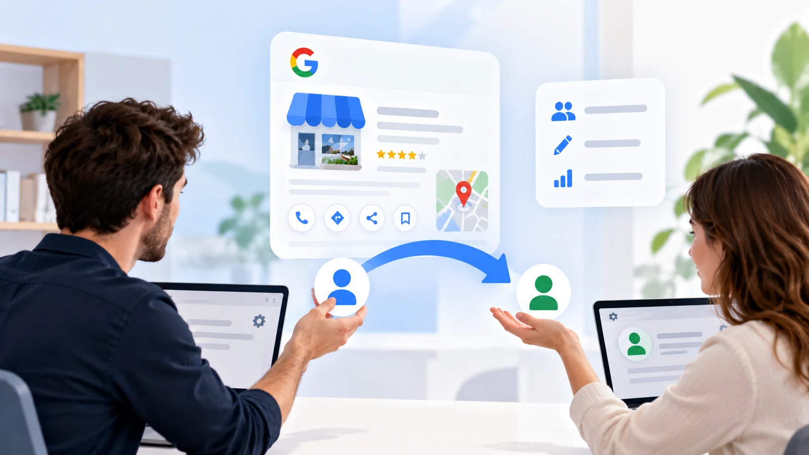 Dos personas con ordenadores y una flecha entre cuentas ilustran la transferencia de permisos de gestión de un Perfil de Empresa de Google.