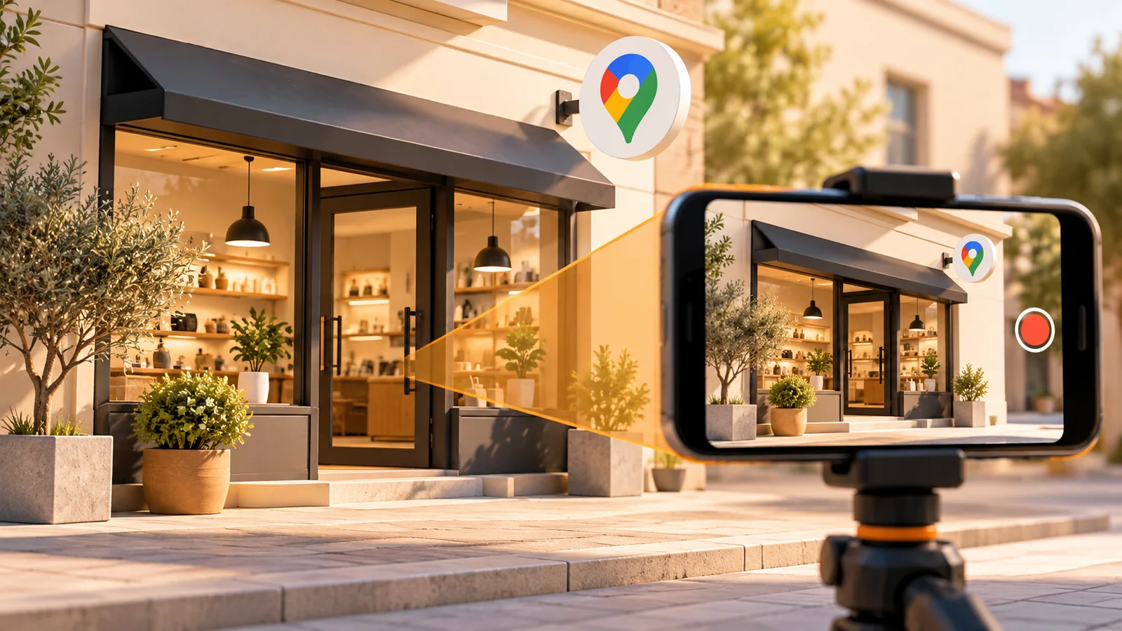 Móvil sobre un trípode que graba la entrada de una tienda para la verificación por vídeo del Perfil de Empresa de Google.
