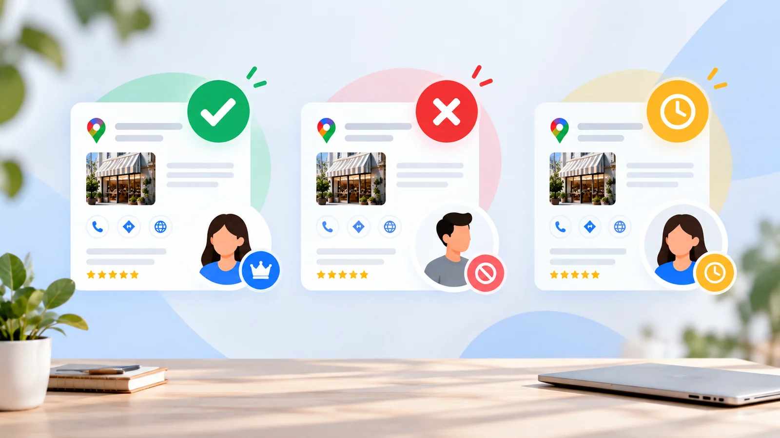 Tre schede illustrate mostrano i possibili esiti della richiesta di proprietà: approvazione, rifiuto o mancata risposta.