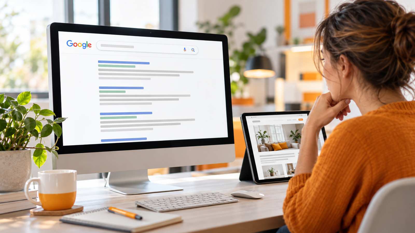 Una profesional compara los resultados de búsqueda de Google con la página de su web