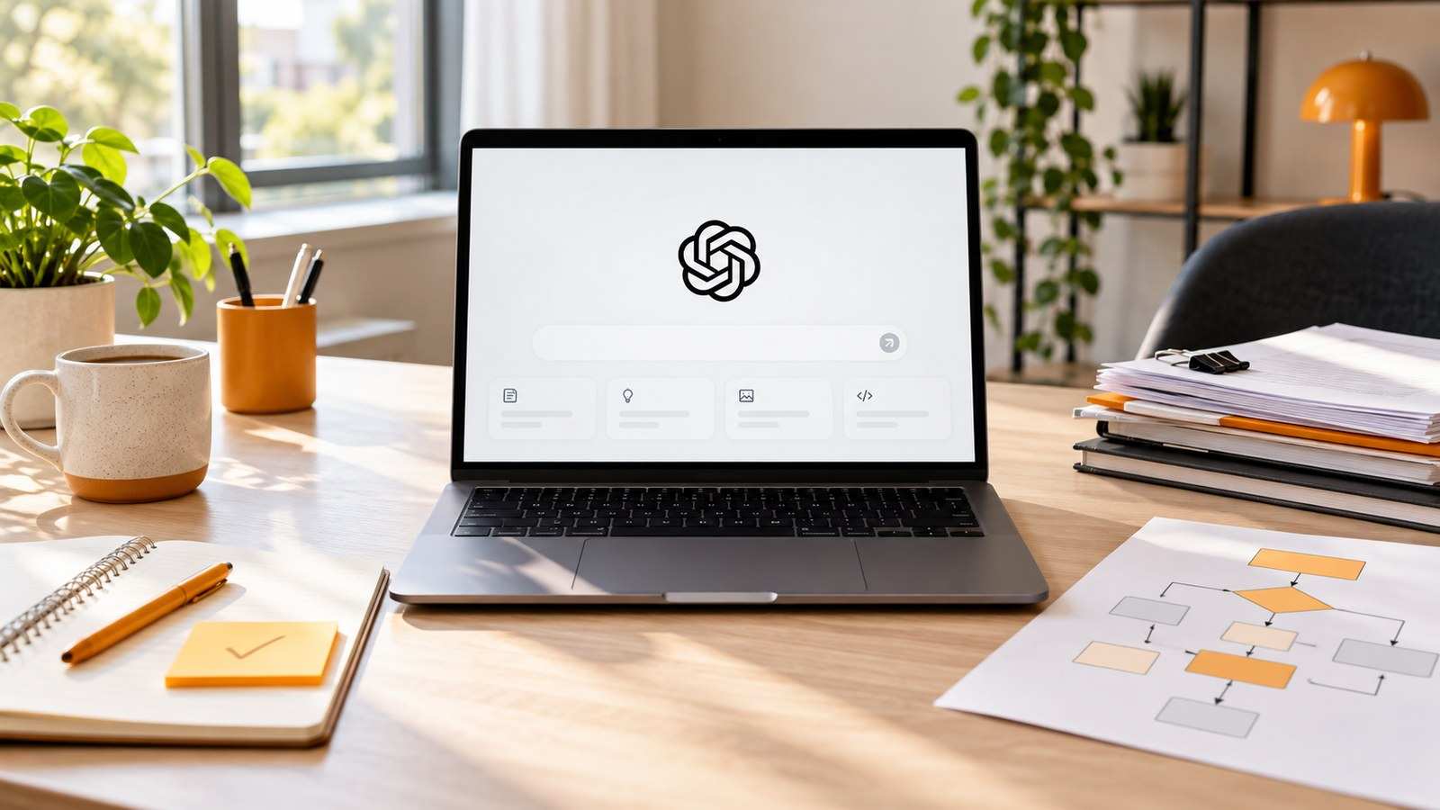 Laptop con ChatGPT e appunti per scegliere il modello AI in base al lavoro da svolgere