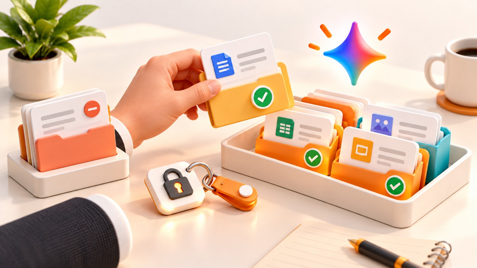 Illustrazione tridimensionale di una persona che seleziona documenti aziendali e ne controlla gli accessi prima di aggiungerli a Gemini Notebooks.
