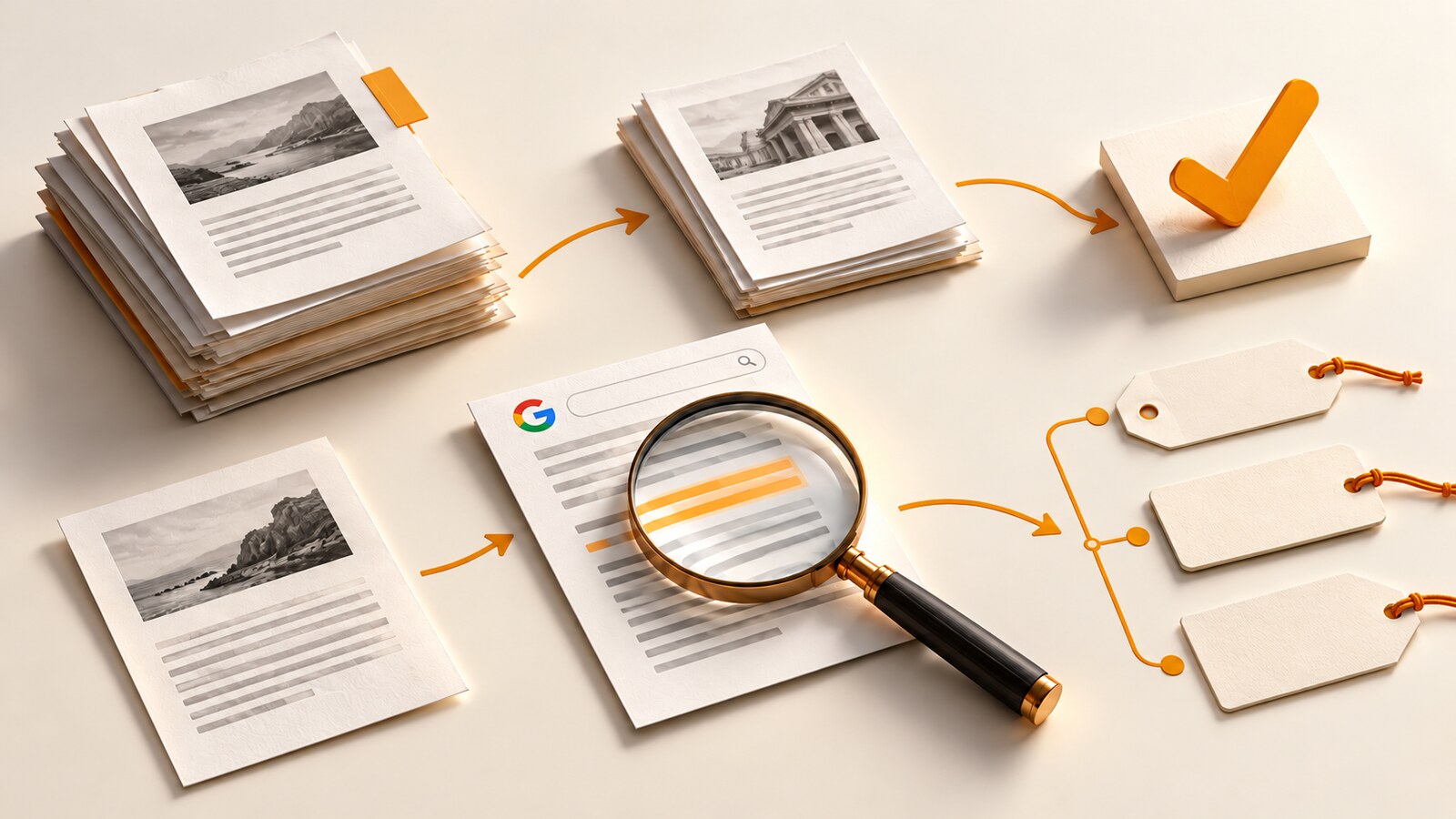 Una lente verifica una pagina Google accanto a documenti e a un segno di spunta