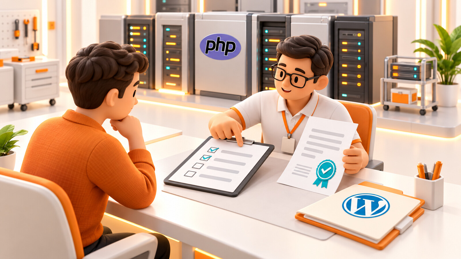 La propietaria de la web y el técnico de hosting revisan una lista frente a los servidores.
