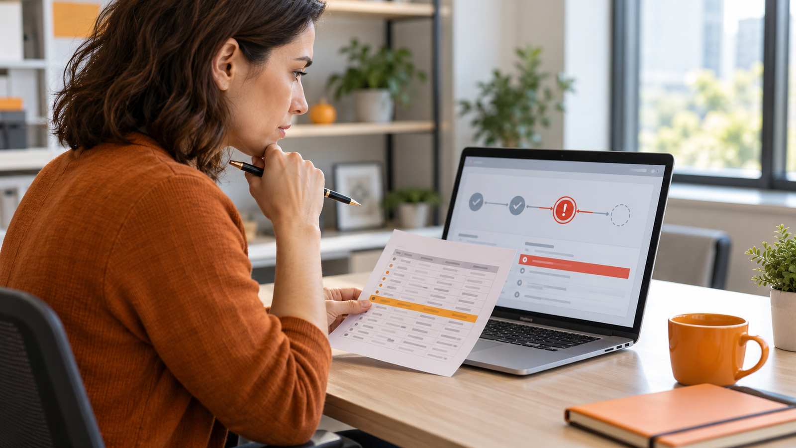 Una persona controlla un errore di automazione sul laptop e confronta i dati prima di riprovare