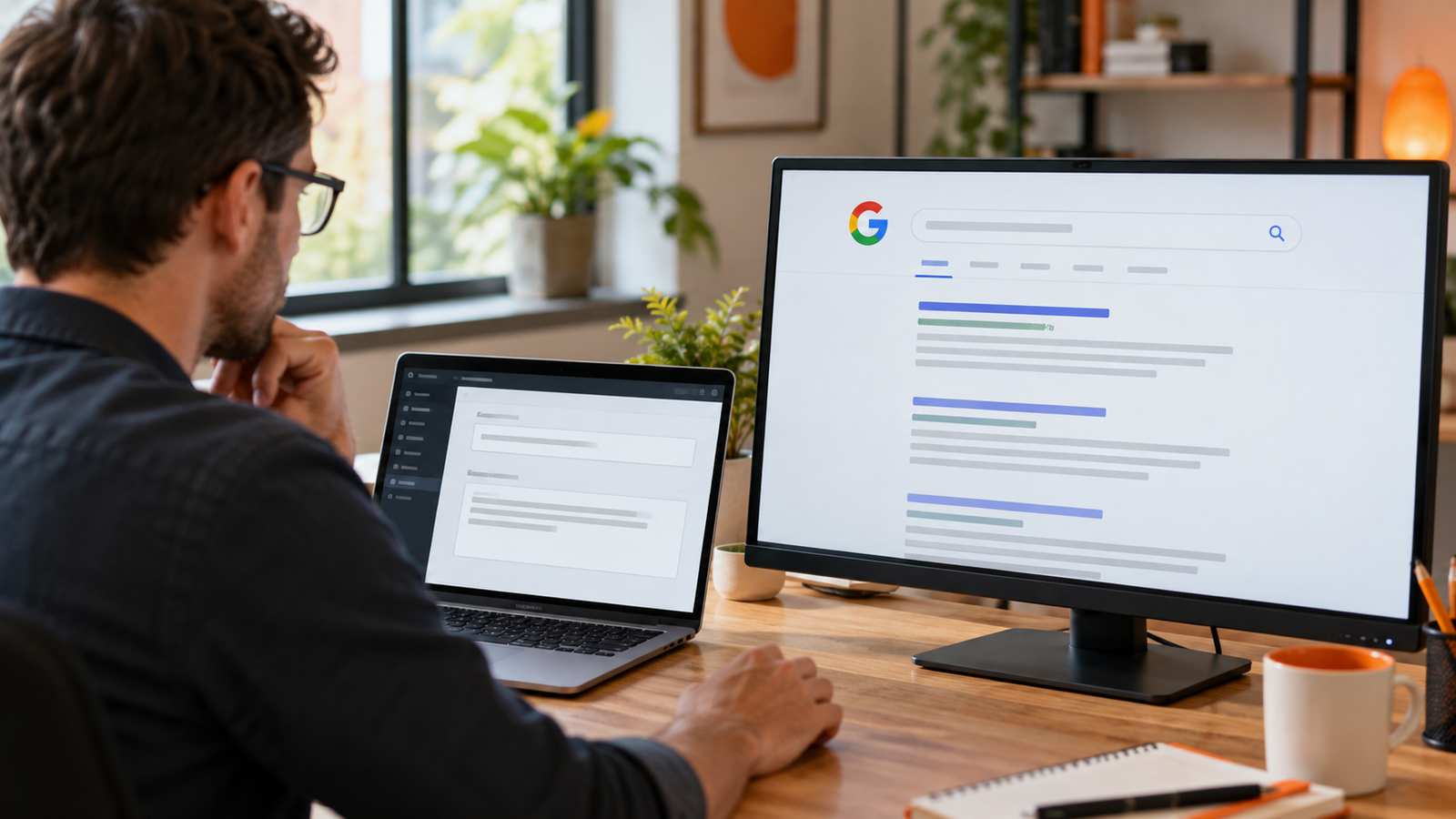 Un profesional comprueba una página web y sus resultados de búsqueda en Google
