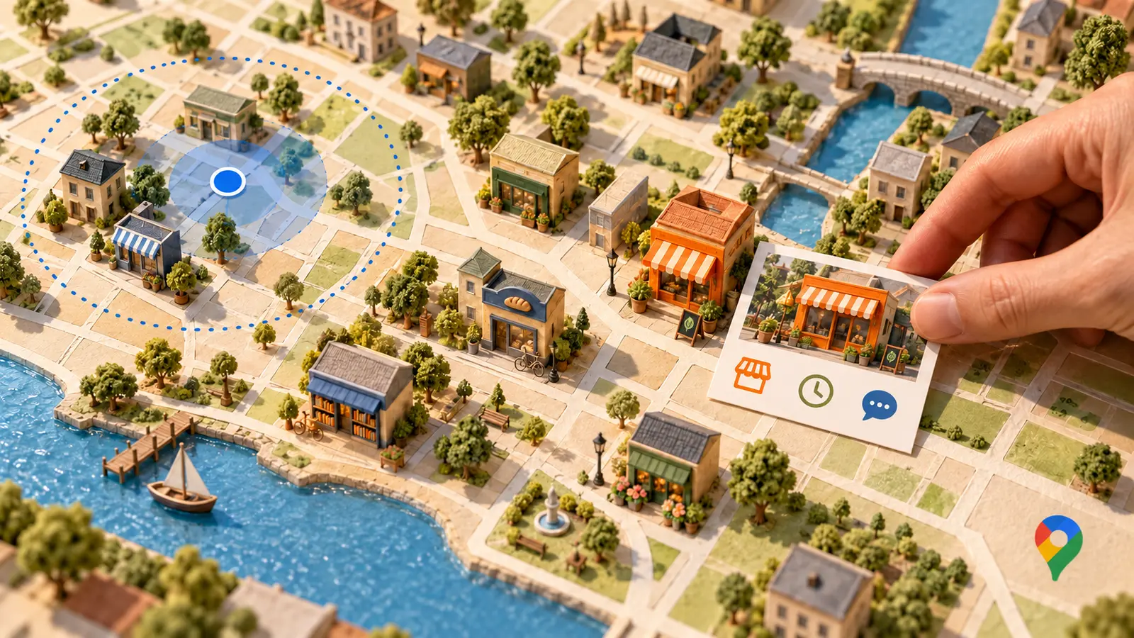 Mapa con negocios locales, ubicación de quien busca y ficha de una tienda que se revisa para analizar su visibilidad.
